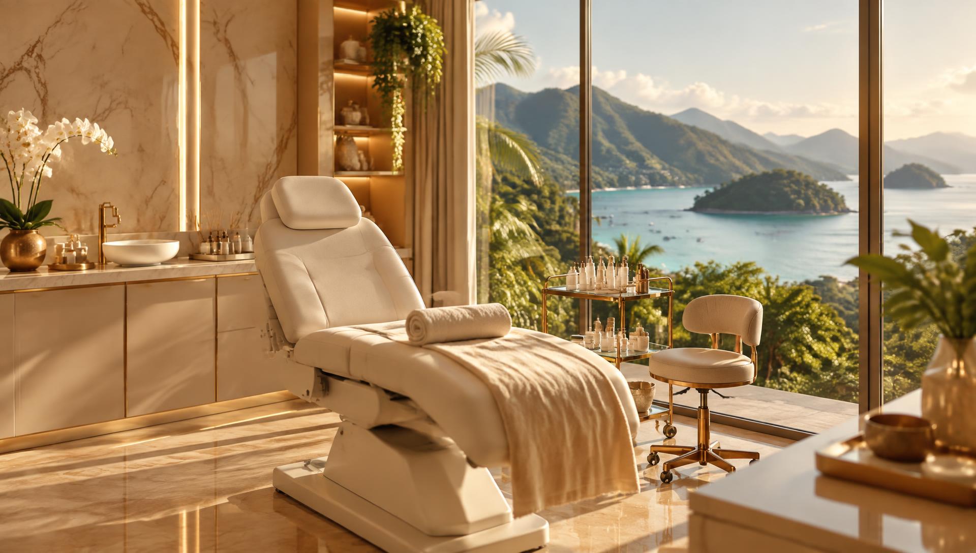 Sala de atendimento da clínica Fran Beazussi com vista para a baía de Angra dos Reis